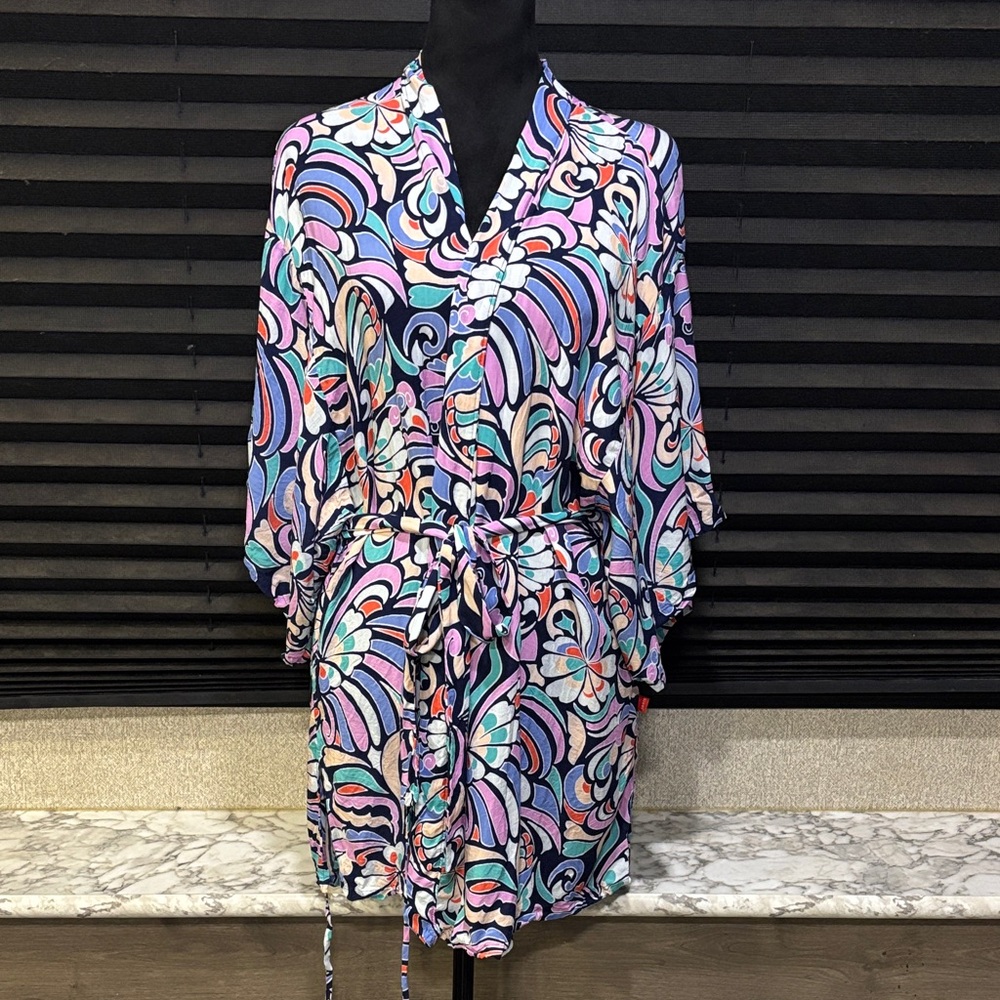 Josie Natori Women’s Multi Color Heart Print Tie Waist Kimono Robe SZ Medium